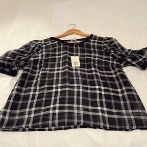 NWT SHEER NAVY PLAID PUFF SLEEVE BLOUSE